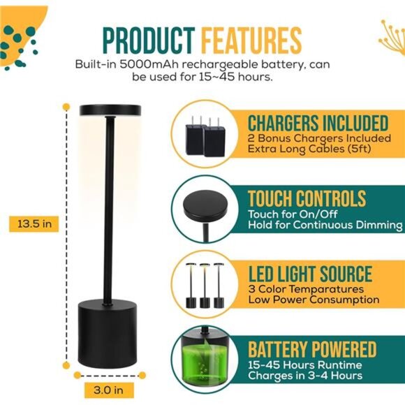 Cordless Table Lamps Set of 2 LED Rechargeable Dimmable USB Mood Light for Patio - Picture 2 of 7